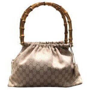 Gucci Bamboo Top Handle Handbag Beige Tan Canvas